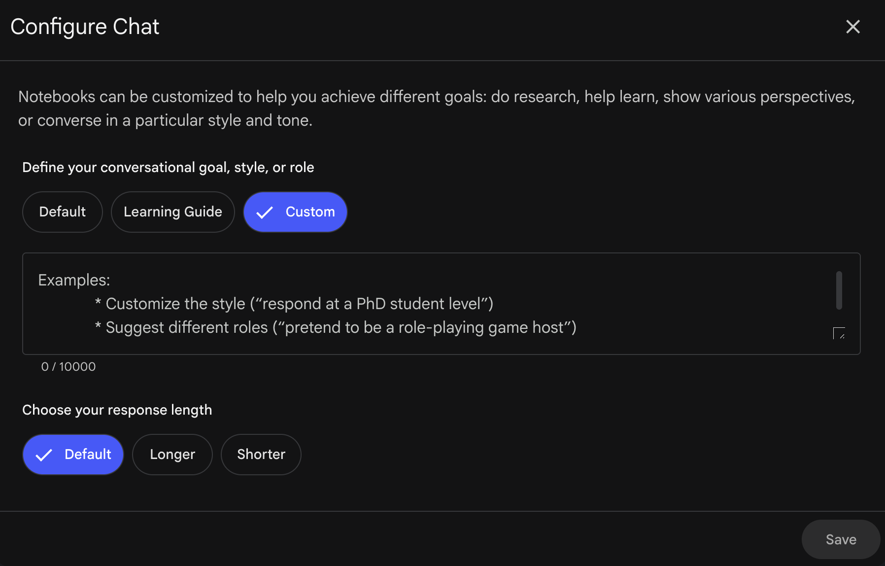 NotebookLM Configure Chat panel: select Custom mode to enter up to 10,000 characters of custom instructions